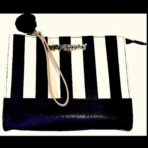 BETSEY JOHNSON BLACK CREAM STRIPED MAKEUP BAG CLUTCH PURSE BAG TOTE LARGE 1… - Picture 6 of 8